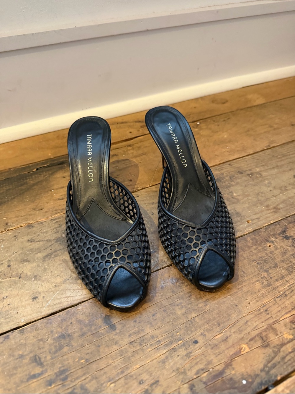Tamara Mellon Black Honeycomb Mesh Peep-Toe Mules
